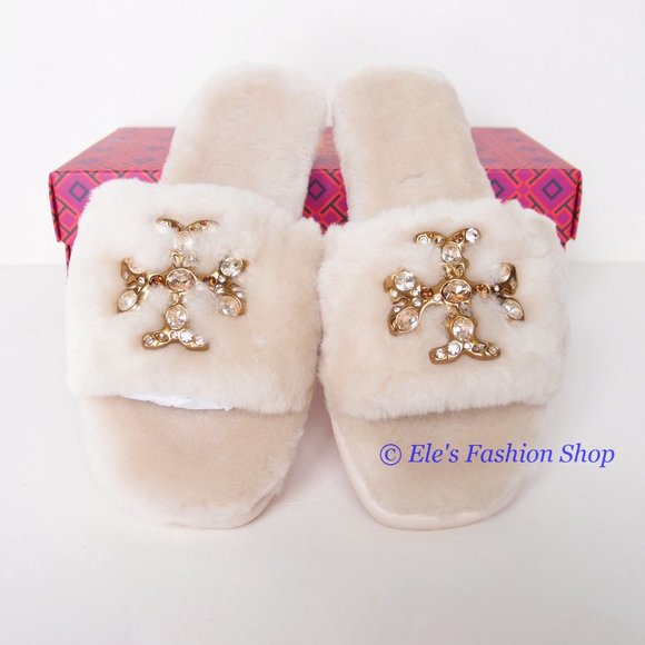 NIB Tory Burch Jeweled Double T Shearling Slipper Buttermilk US 7.5 8 8.5 9 9.5 - Picture 6 of 16